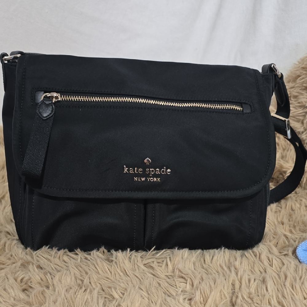 kate spade black nylon flap crossbody with gold hardware